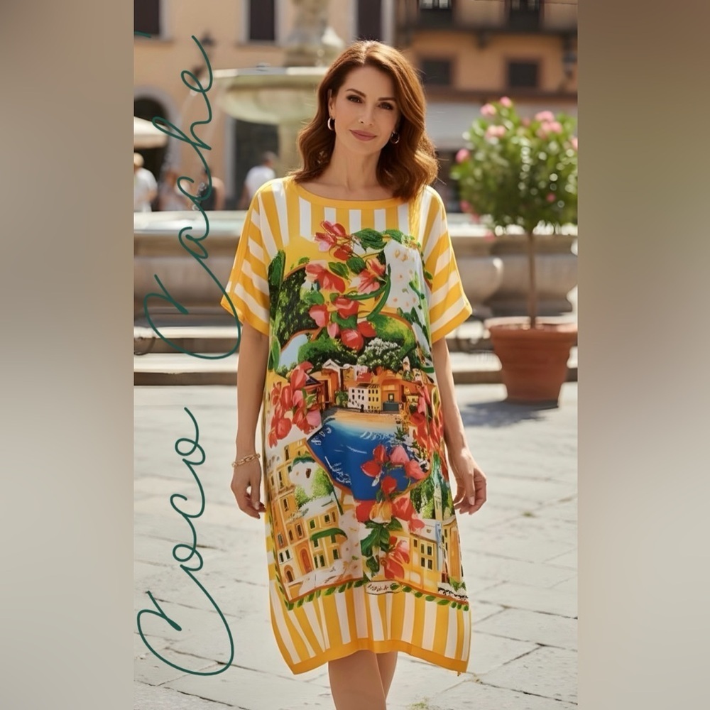 Portofino Luxury Women's Floral Striped Print Dress - Yellow Multi